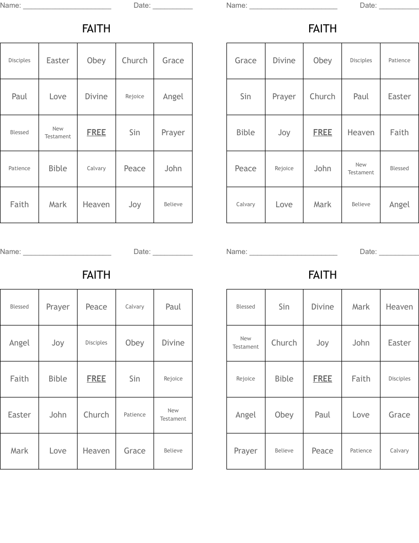 FAITH Bingo Cards