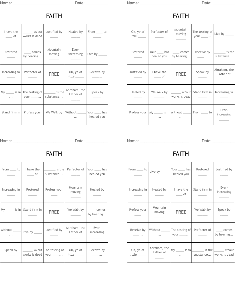 FAITH Bingo Cards