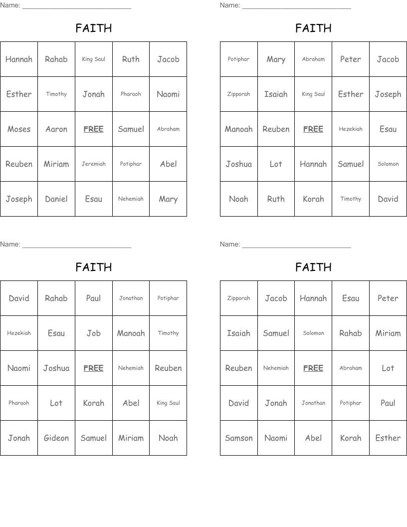 FAITH Bingo Cards