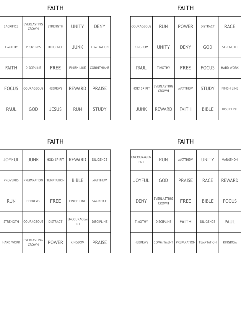 FAITH Bingo Cards