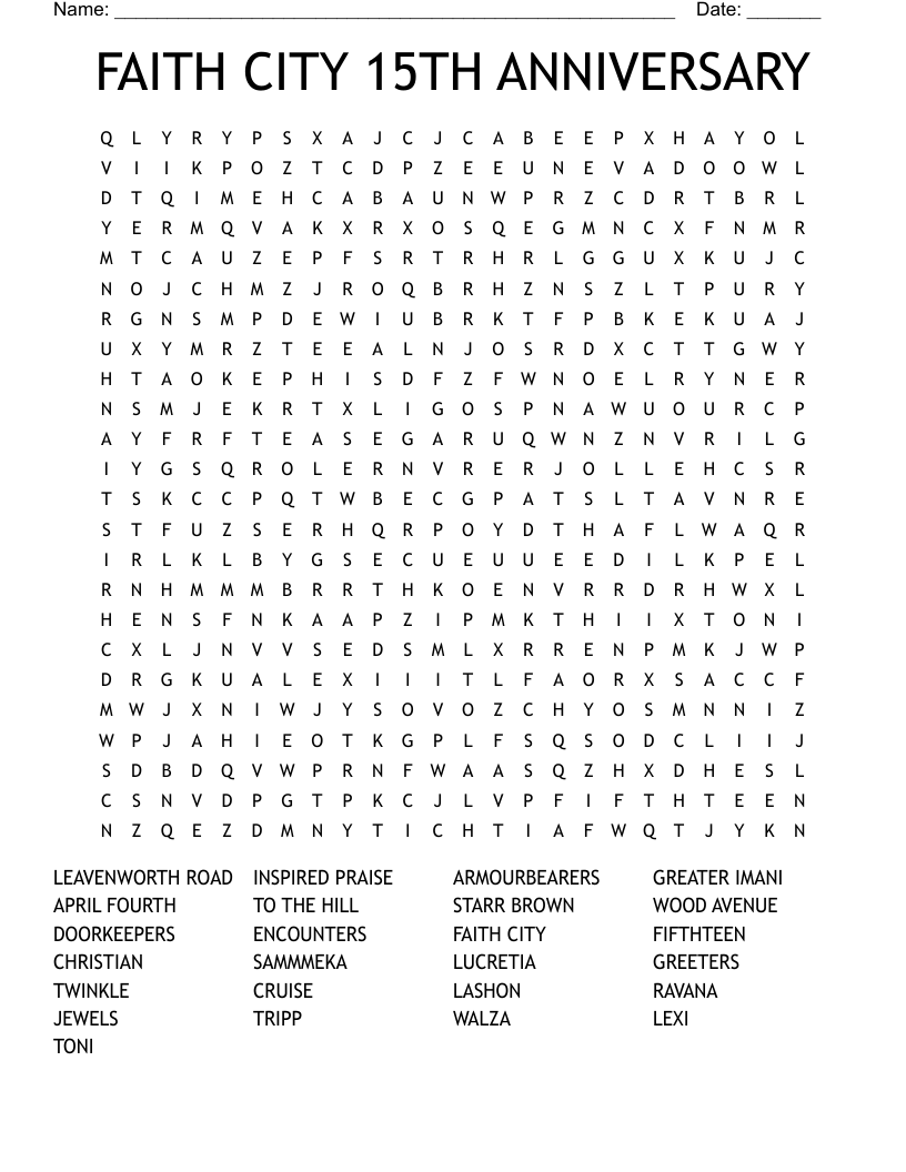 FAITH CITY 15TH ANNIVERSARY Word Search