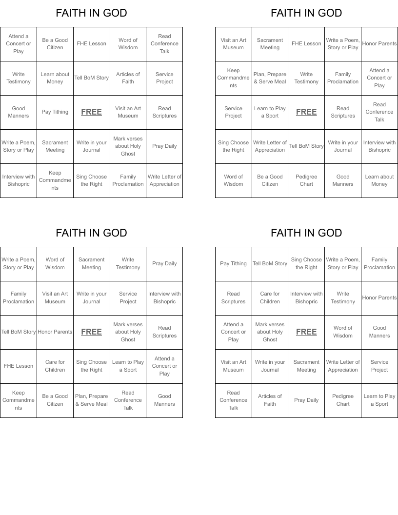 FAITH IN GOD Bingo Cards