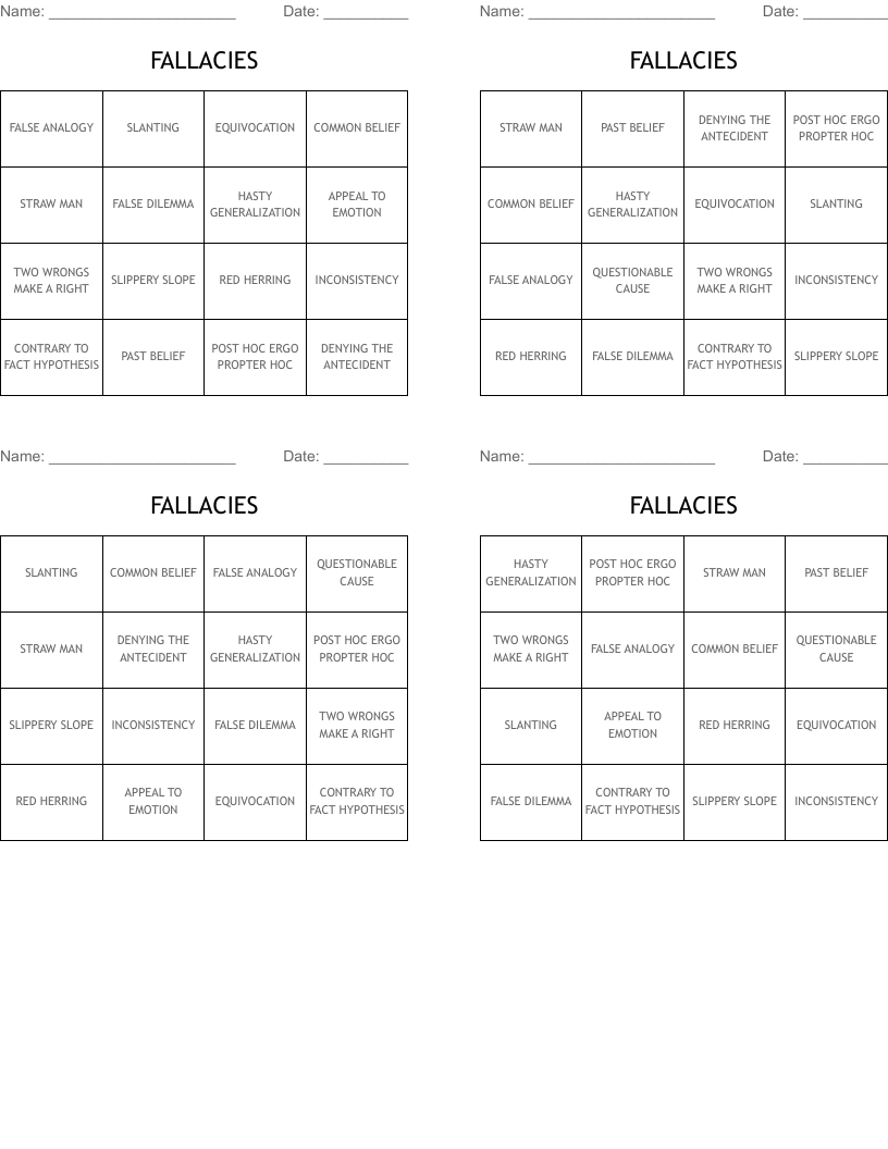FALLACIES Bingo Cards