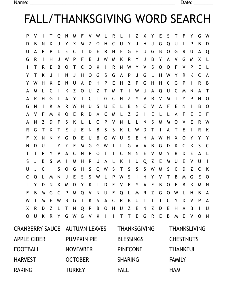 FALL/THANKSGIVING WORD SEARCH