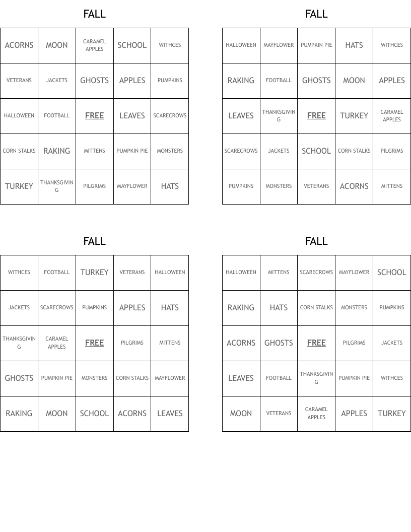 FALL Bingo Cards
