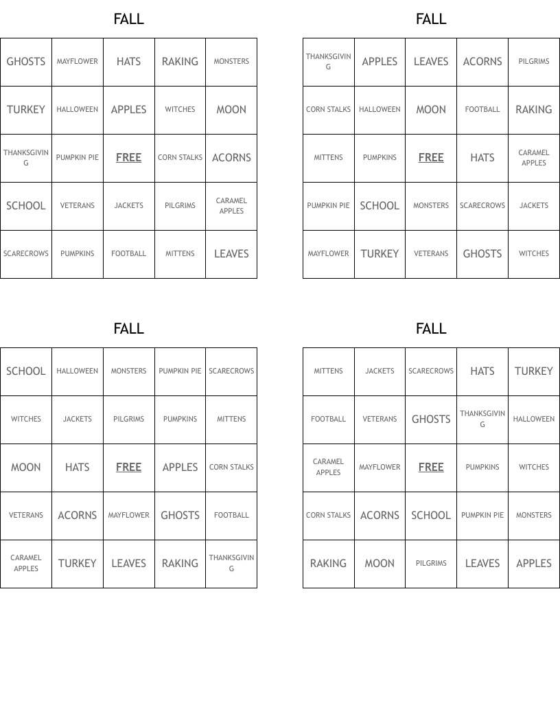 FALL Bingo Cards