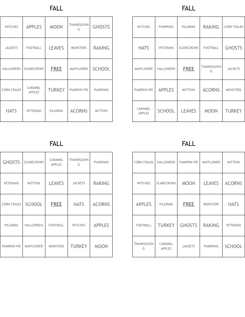FALL Bingo Cards