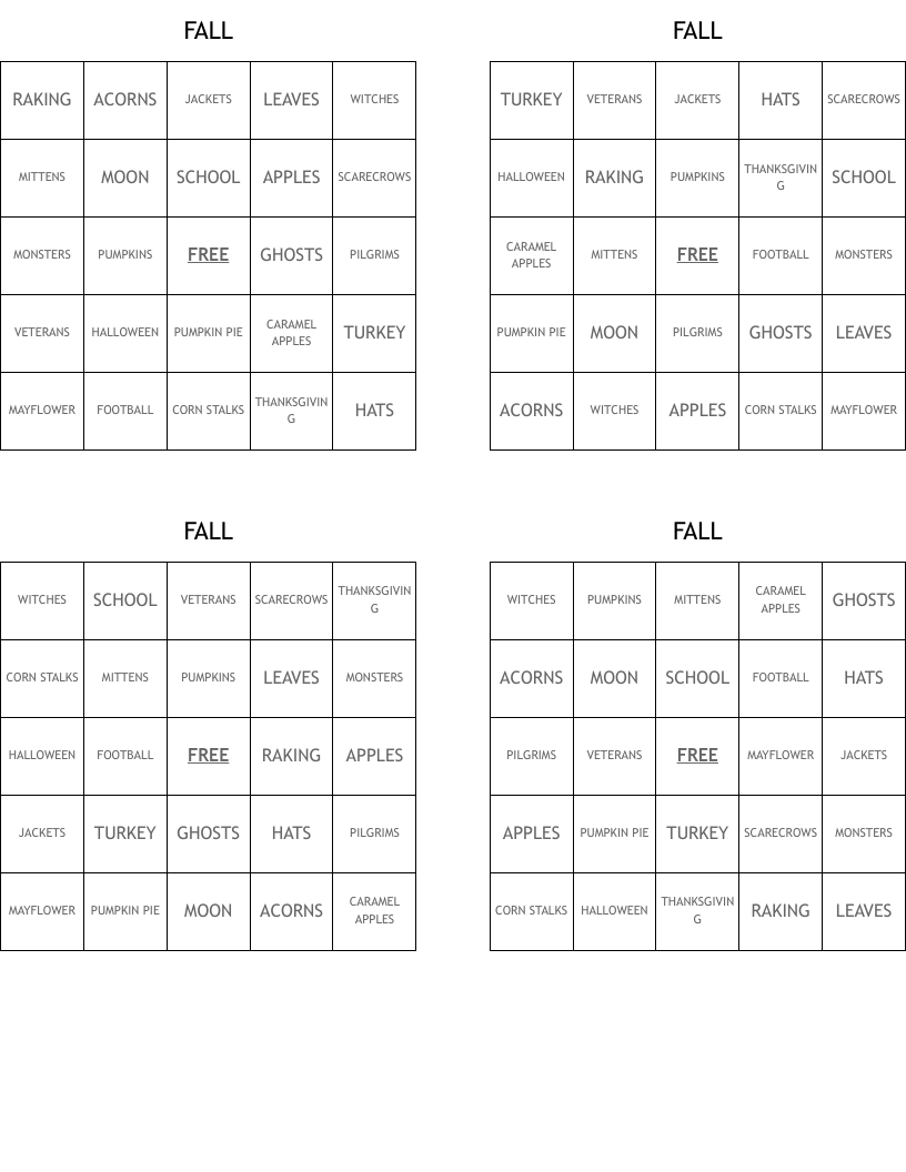 FALL Bingo Cards