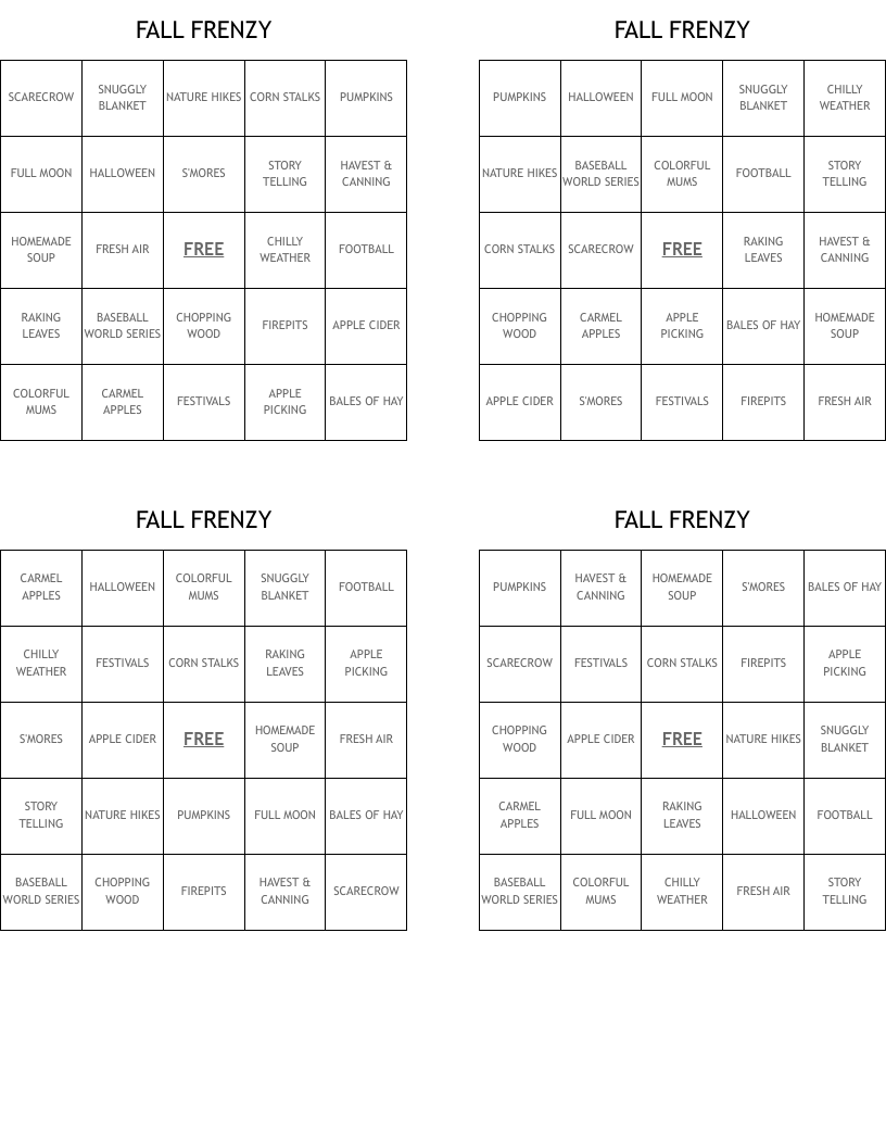 FALL FRENZY Bingo Cards