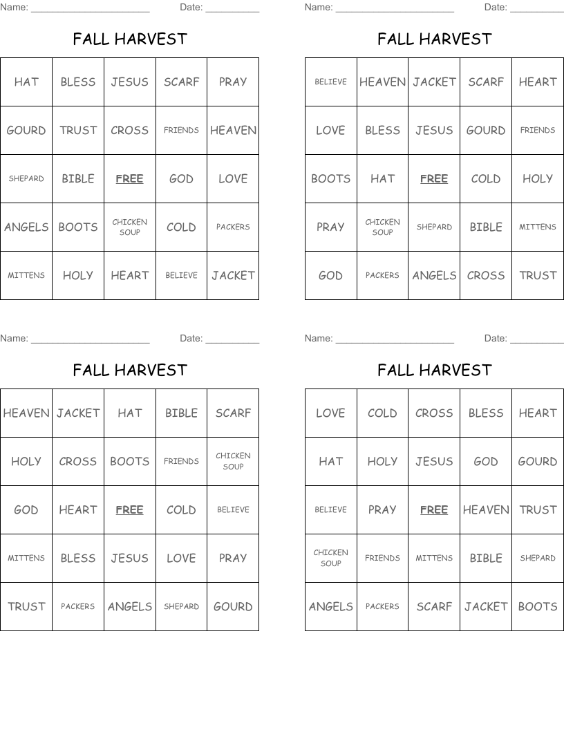 FALL HARVEST Bingo Cards