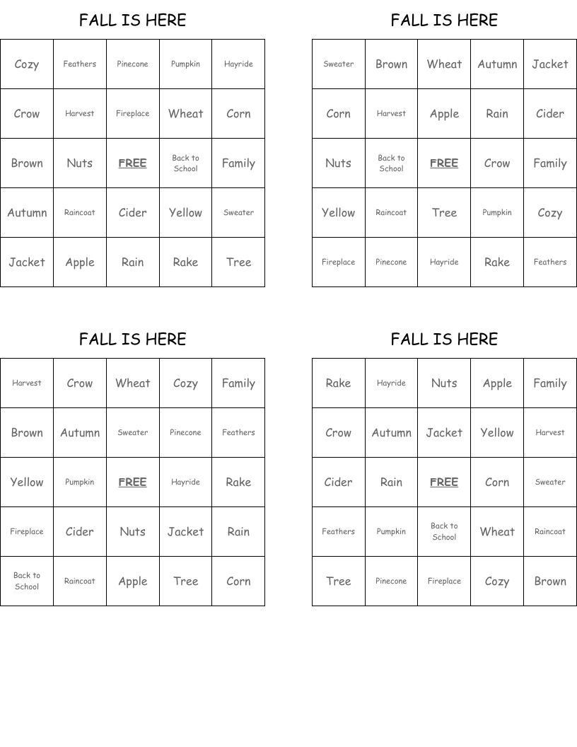 FALL IS HERE Bingo Cards