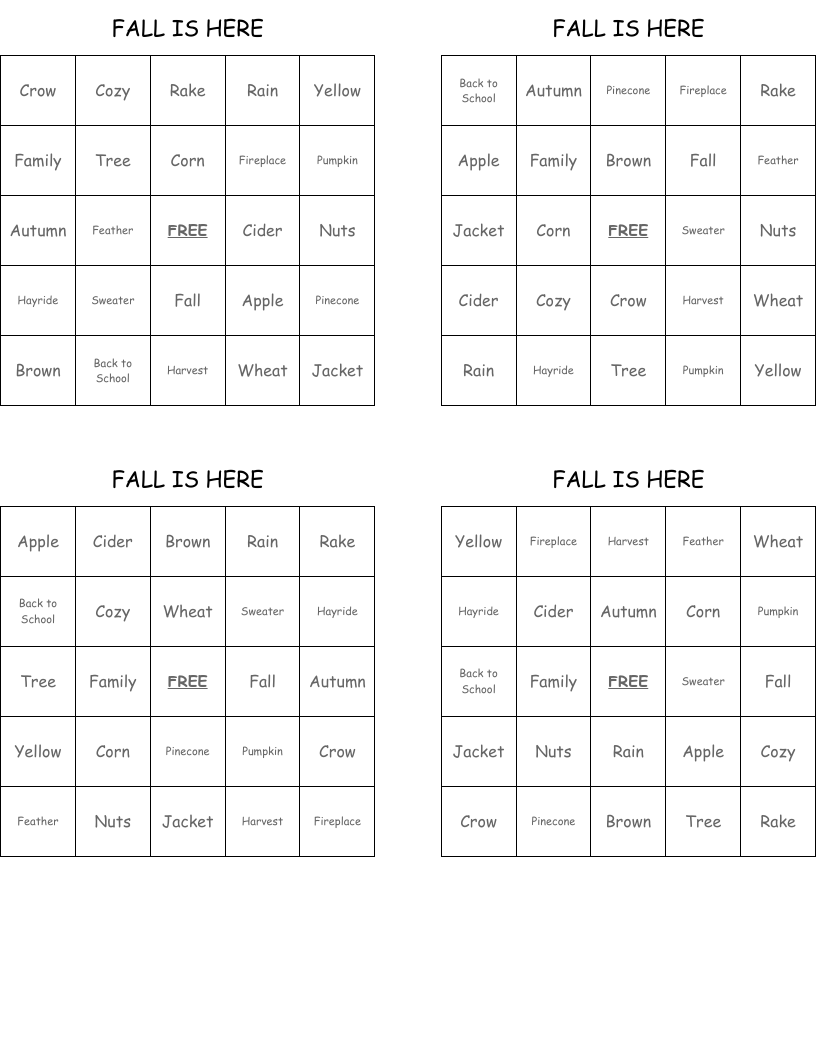 FALL IS HERE Bingo Cards