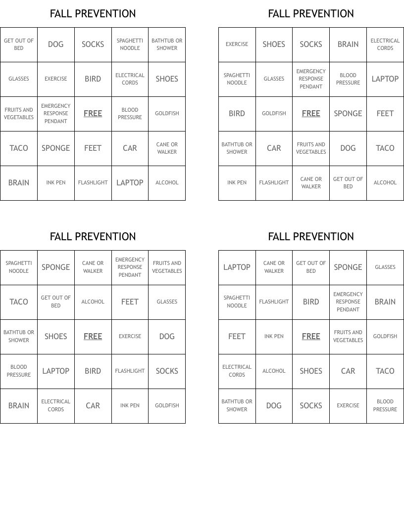 FALL PREVENTION Bingo Cards