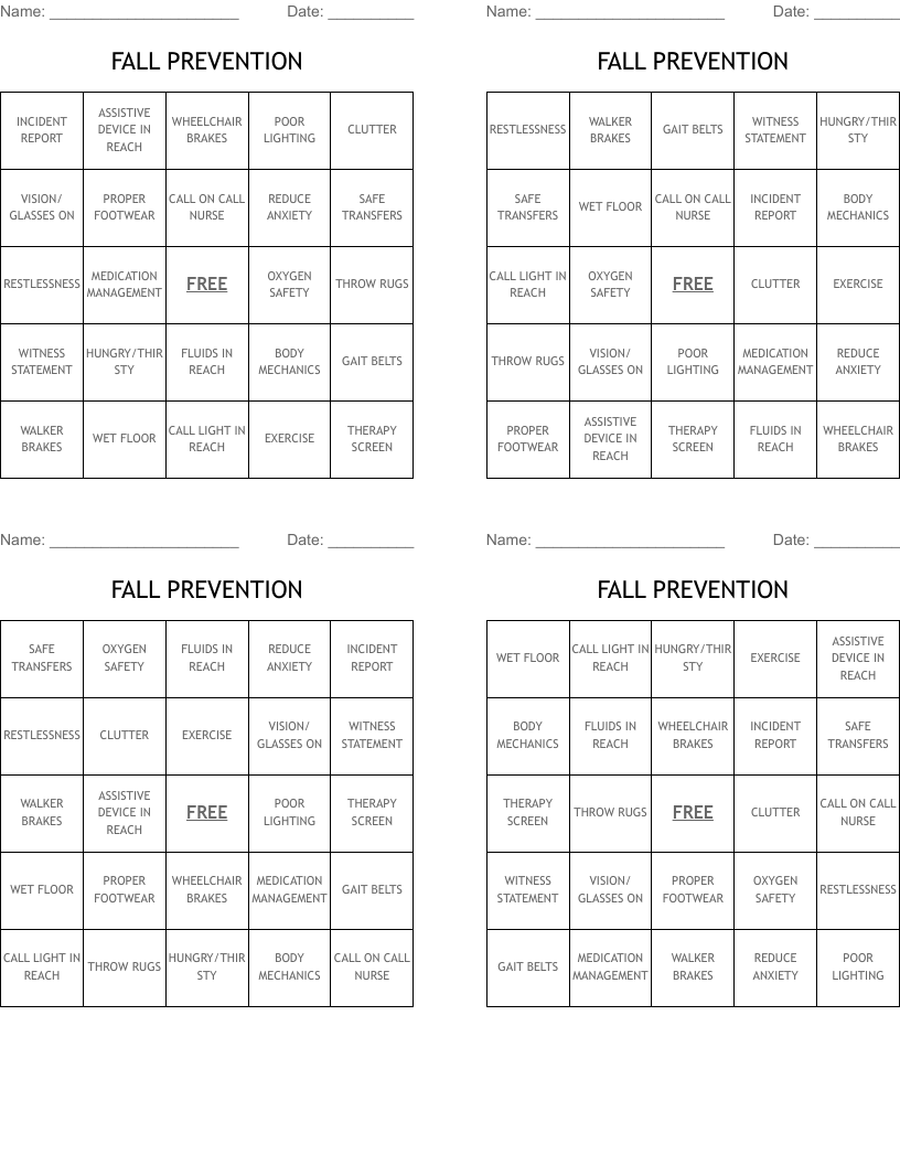 FALL PREVENTION Bingo Cards