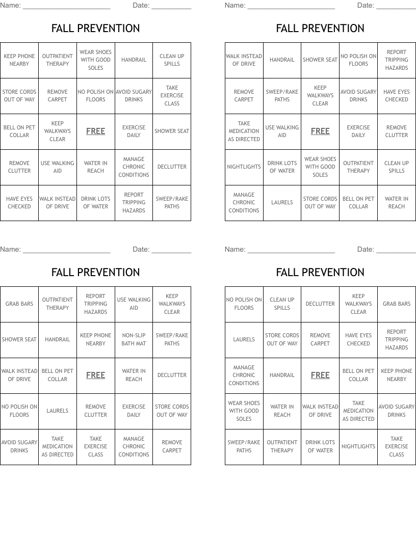 FALL PREVENTION Bingo Cards