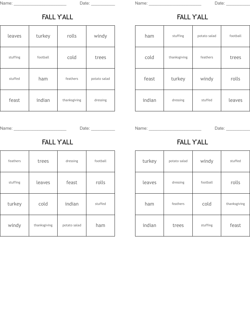 FALL Y'ALL Bingo Cards