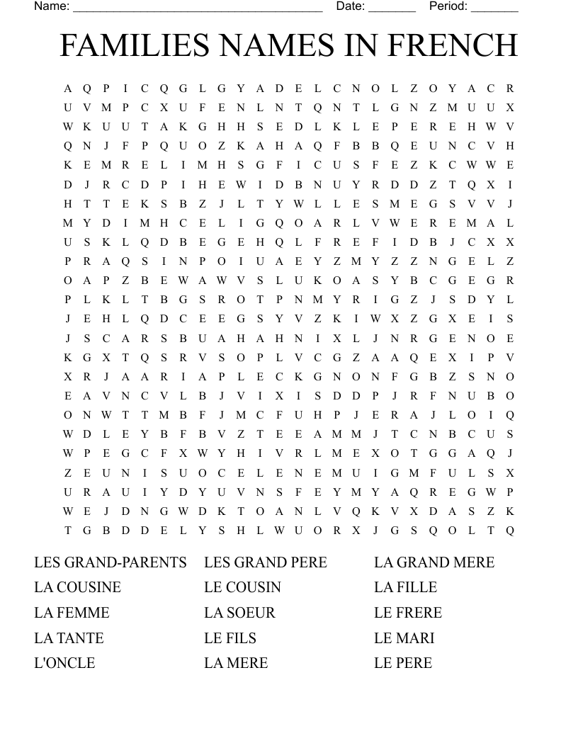 FAMILIES NAMES IN FRENCH Word Search