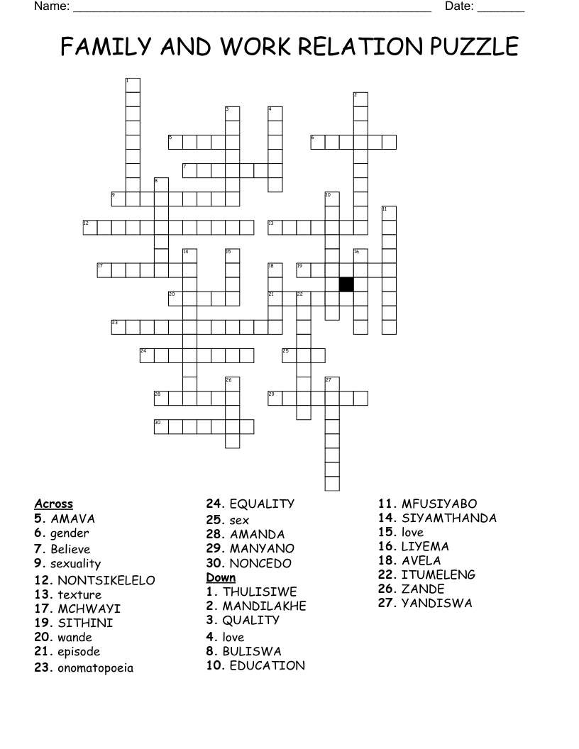 FAMILY AND WORK RELATION PUZZLE Crossword