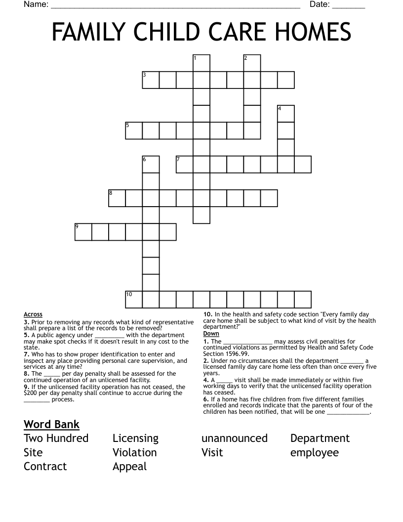 FAMILY CHILD CARE HOMES Crossword