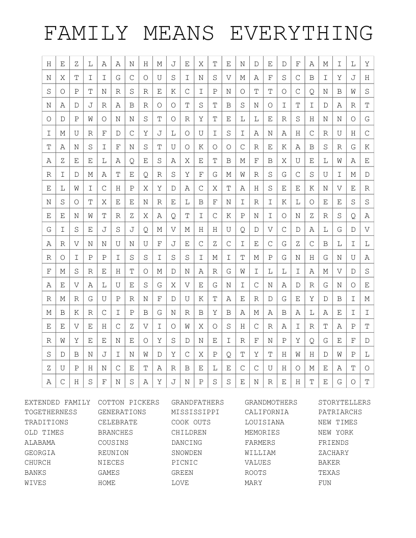 FAMILY MEANS EVERYTHING Word Search