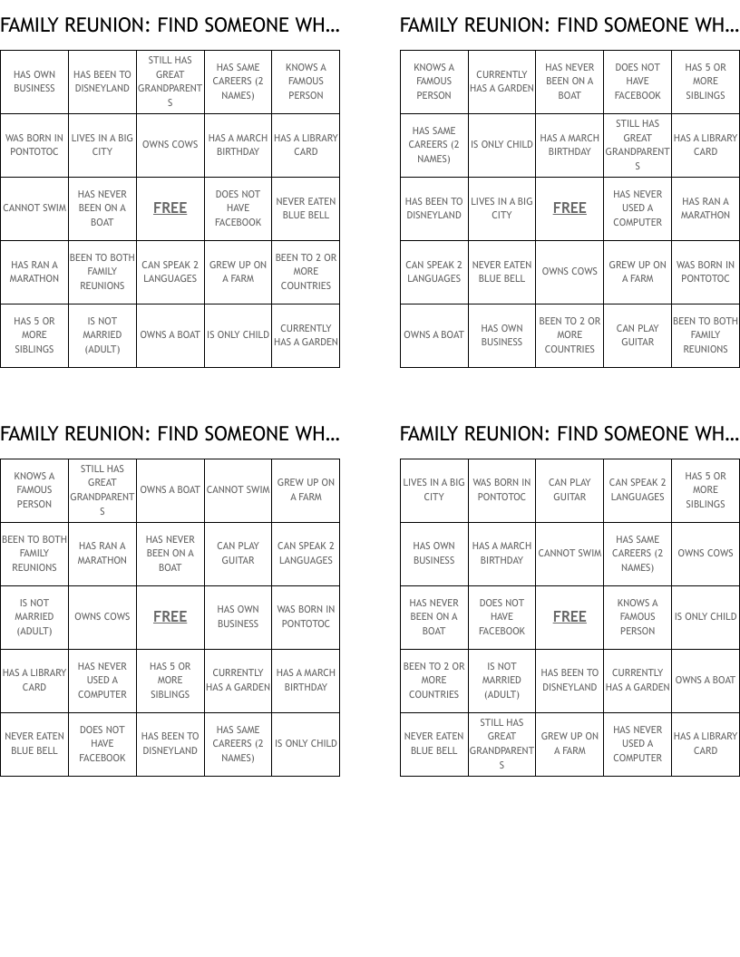 FAMILY REUNION:  FIND SOMEONE WHO... Bingo Cards