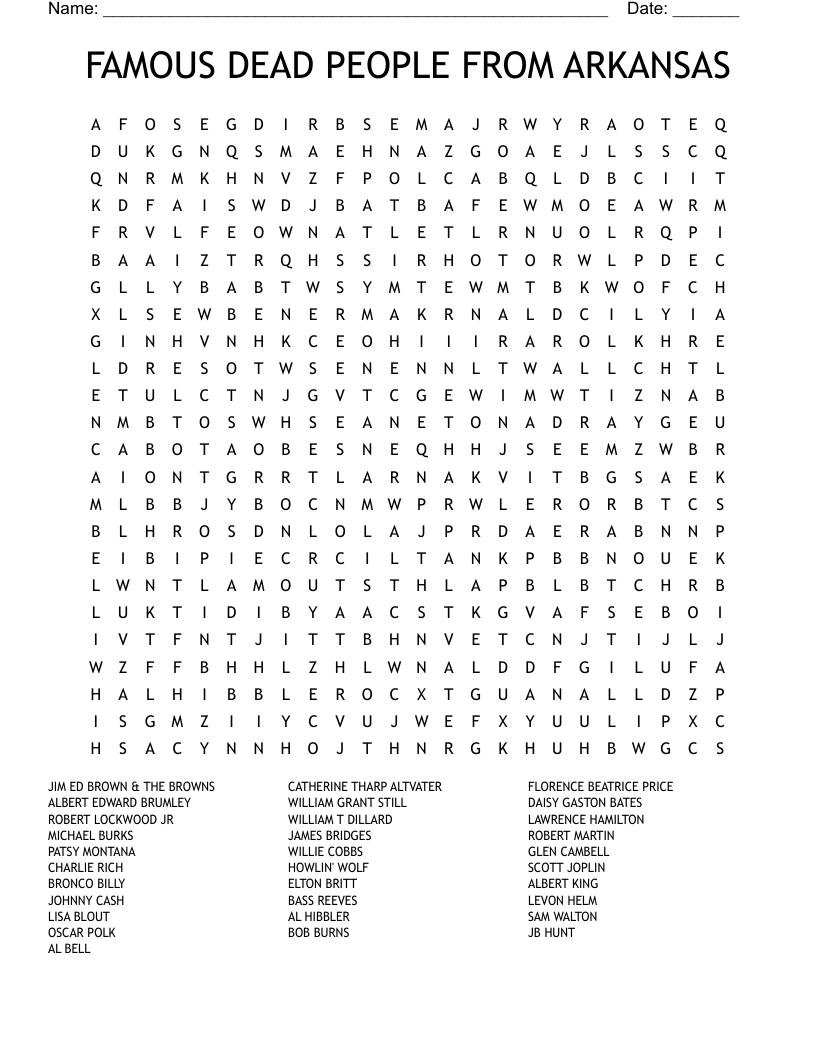 FAMOUS DEAD PEOPLE FROM ARKANSAS Word Search