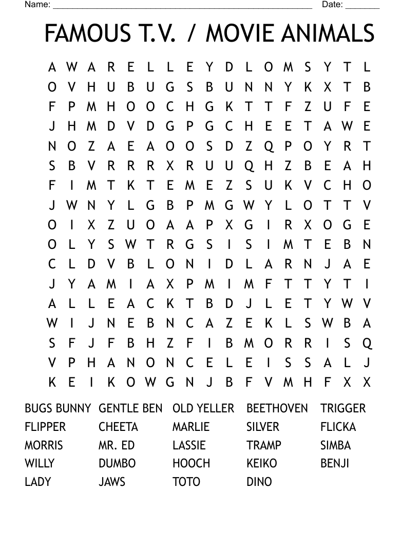 FAMOUS T.V. / MOVIE ANIMALS Word Search