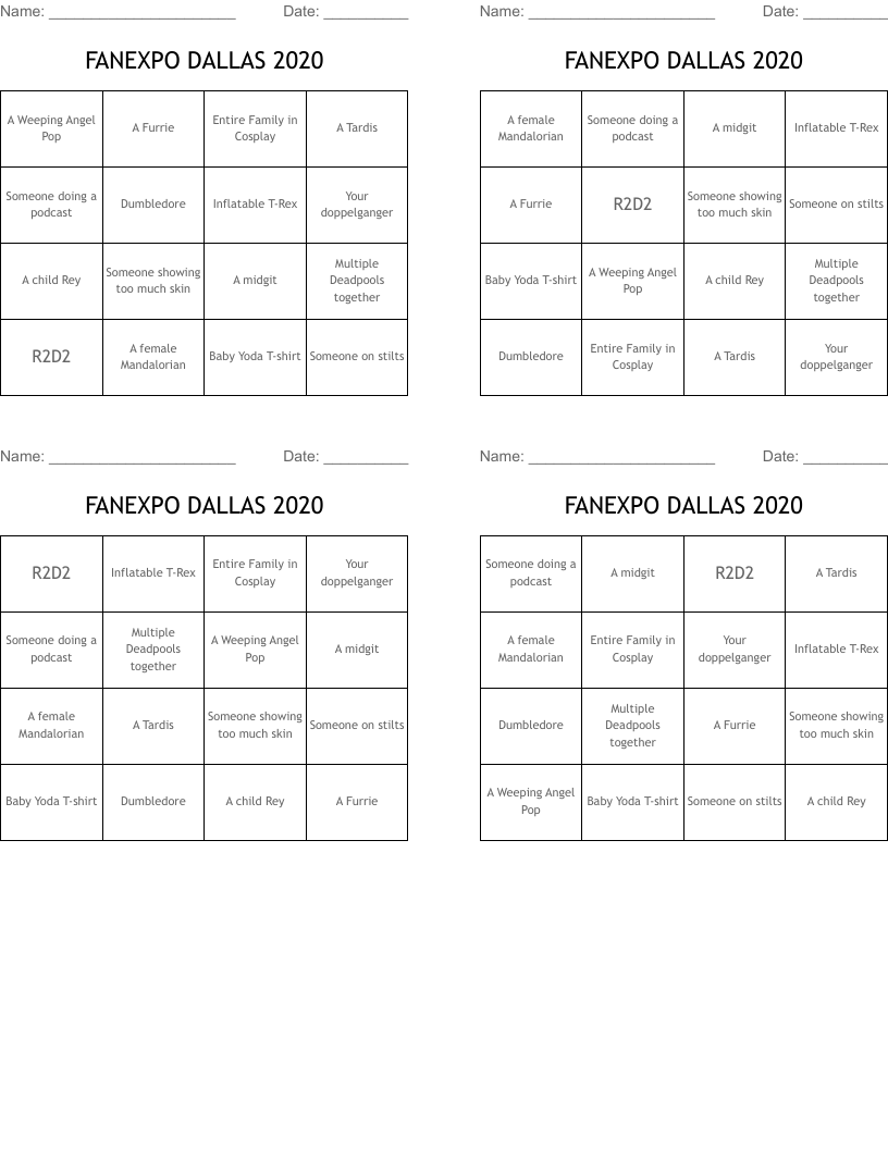 FANEXPO DALLAS 2020 Bingo Cards