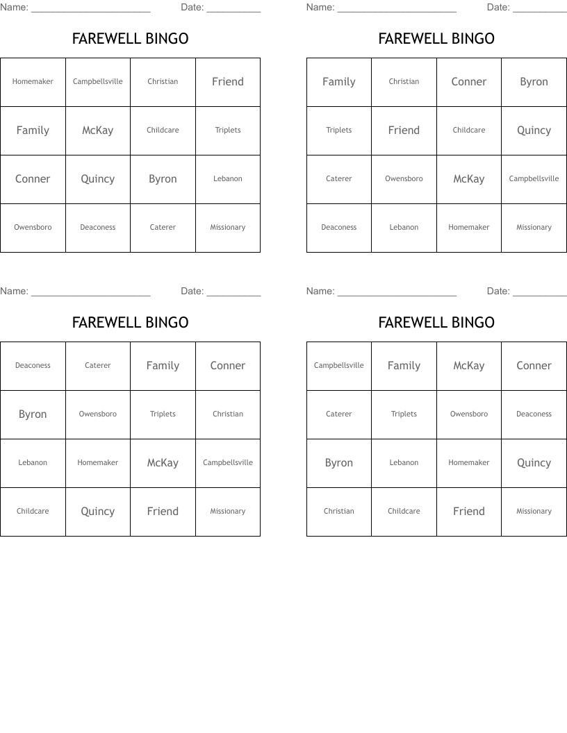 FAREWELL BINGO