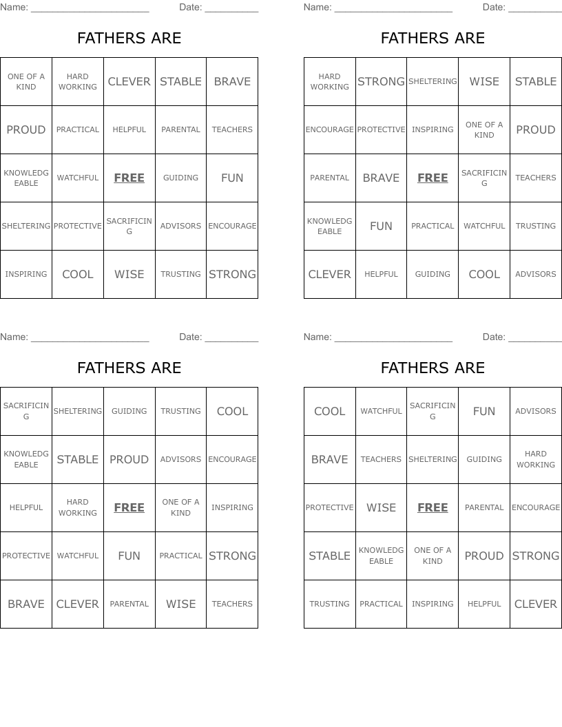 FATHERS ARE Bingo Cards