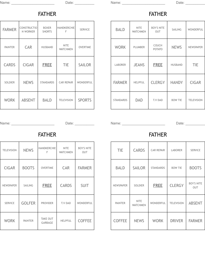 FATHER Bingo Cards