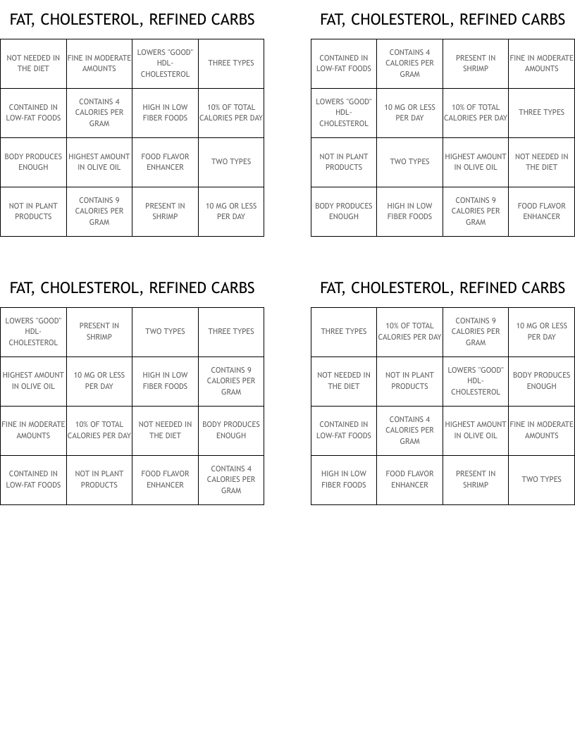 FAT, CHOLESTEROL, REFINED CARBS Bingo Cards