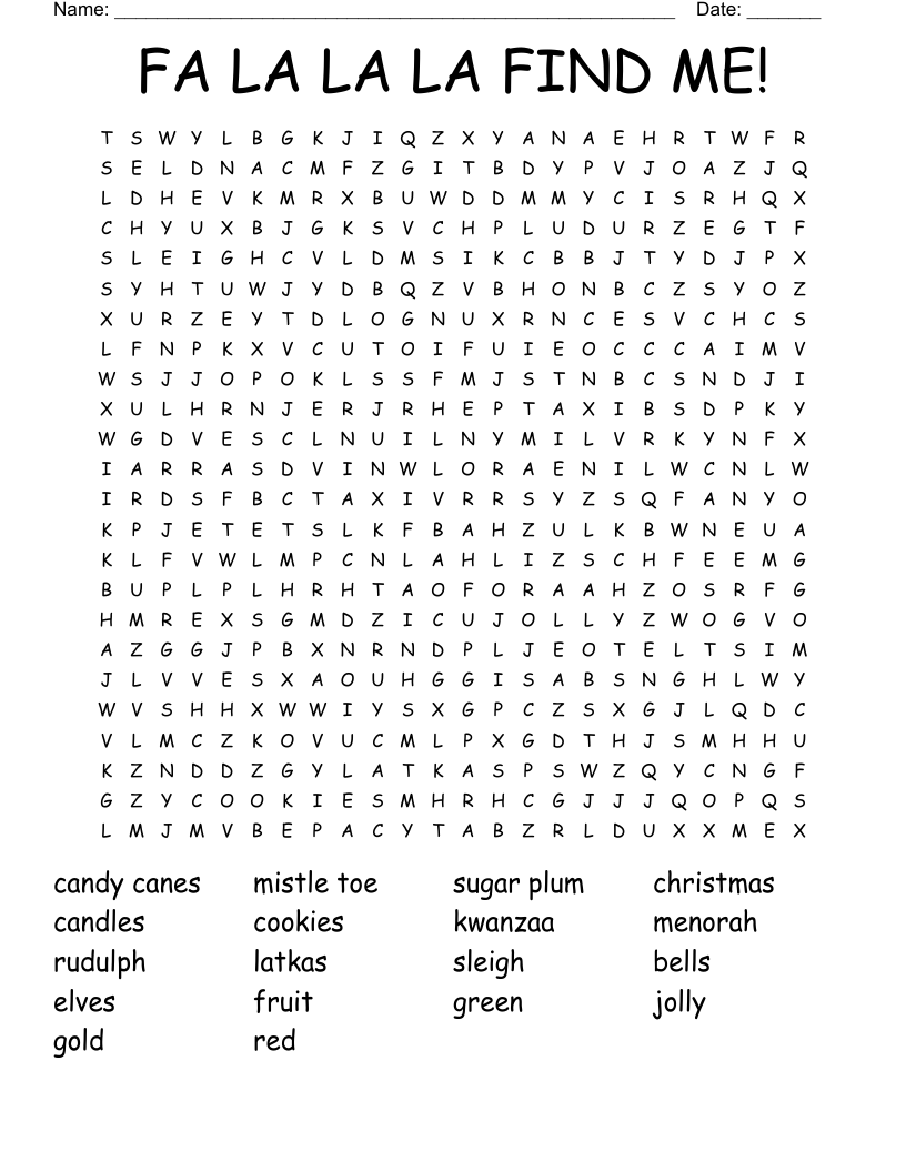 FA LA LA LA FIND ME! Word Search