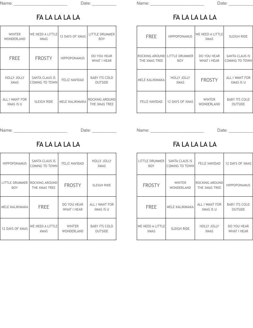 FA LA LA LA LA Bingo Cards