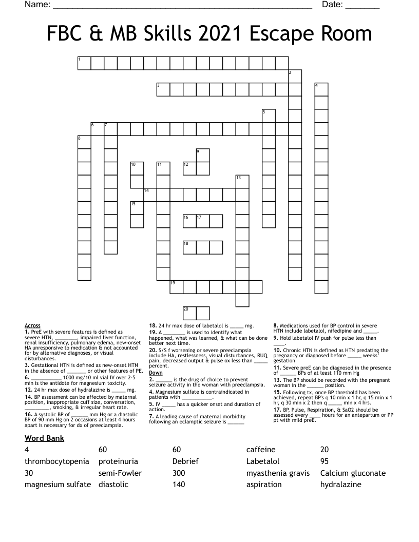FBC & MB Skills 2021 Escape Room  Crossword