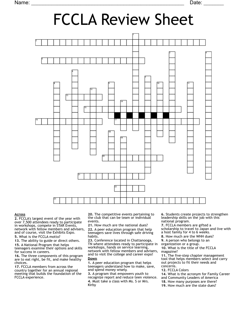 FCCLA Review Sheet Crossword