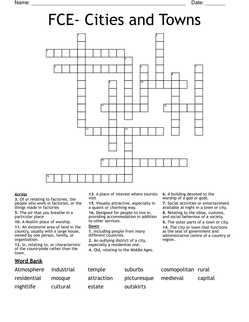 FCE- Cities and Towns Crossword