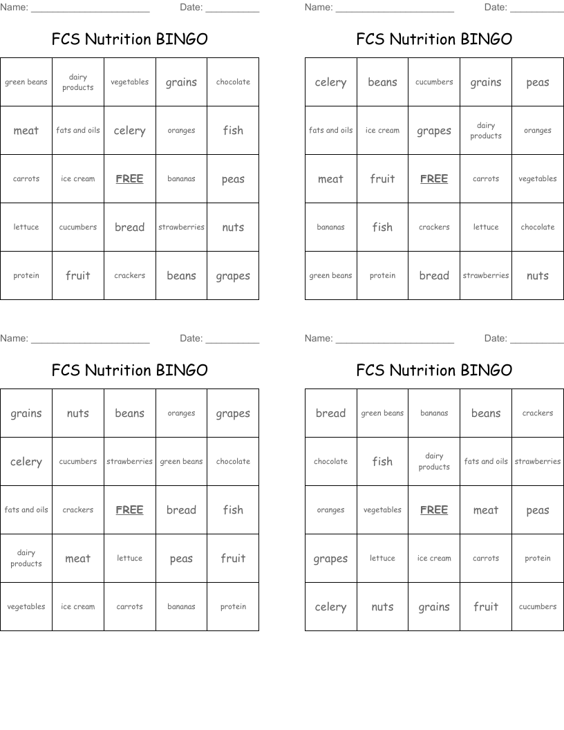 FCS Nutrition BINGO