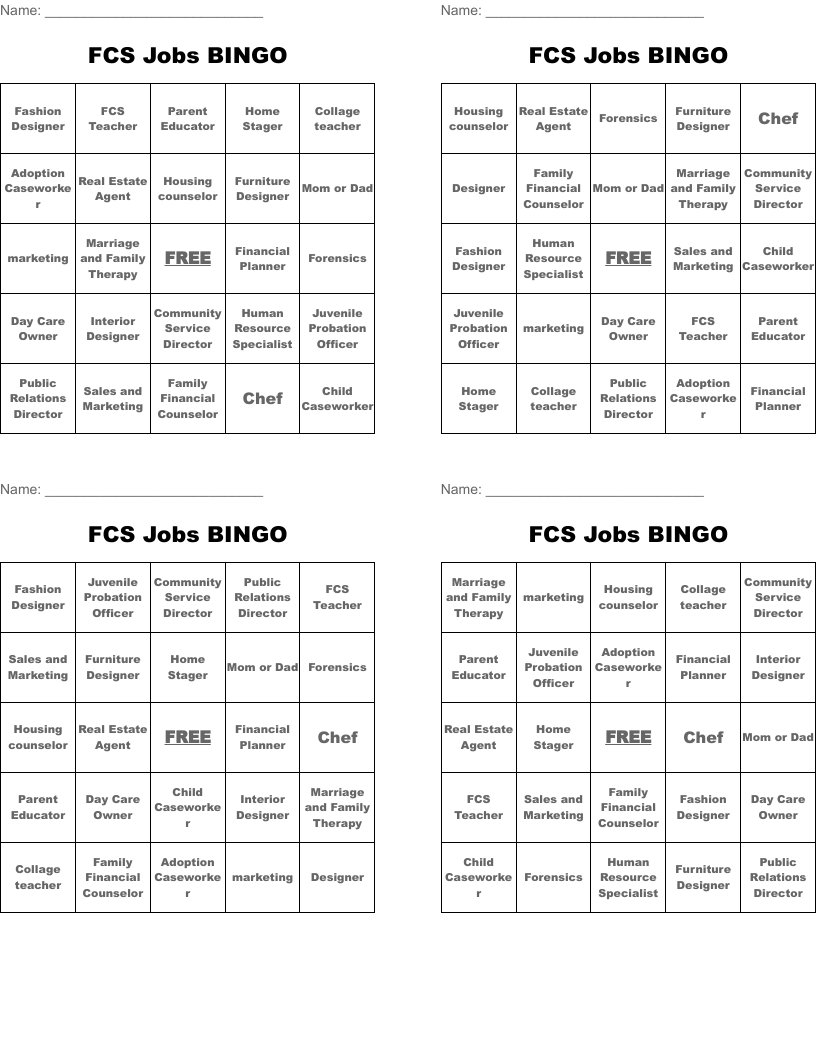 FCS  Jobs BINGO