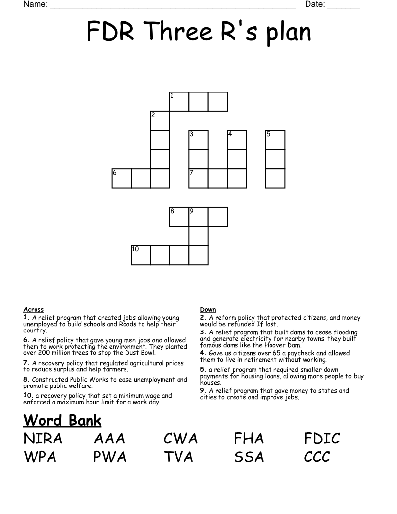 FDR Three R's plan Crossword