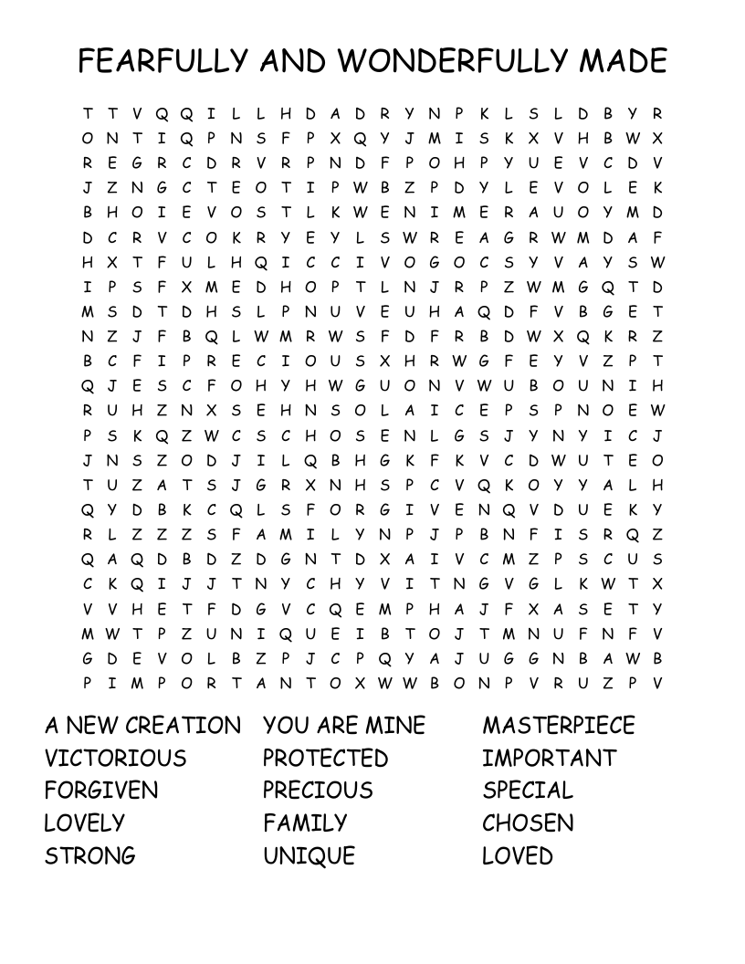 FEARFULLY AND WONDERFULLY MADE Word Search