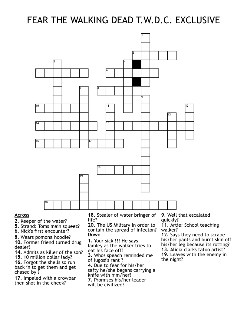FEAR THE WALKING DEAD T.W.D.C. EXCLUSIVE  Crossword