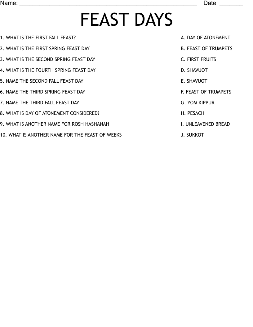 FEAST DAYS Worksheet