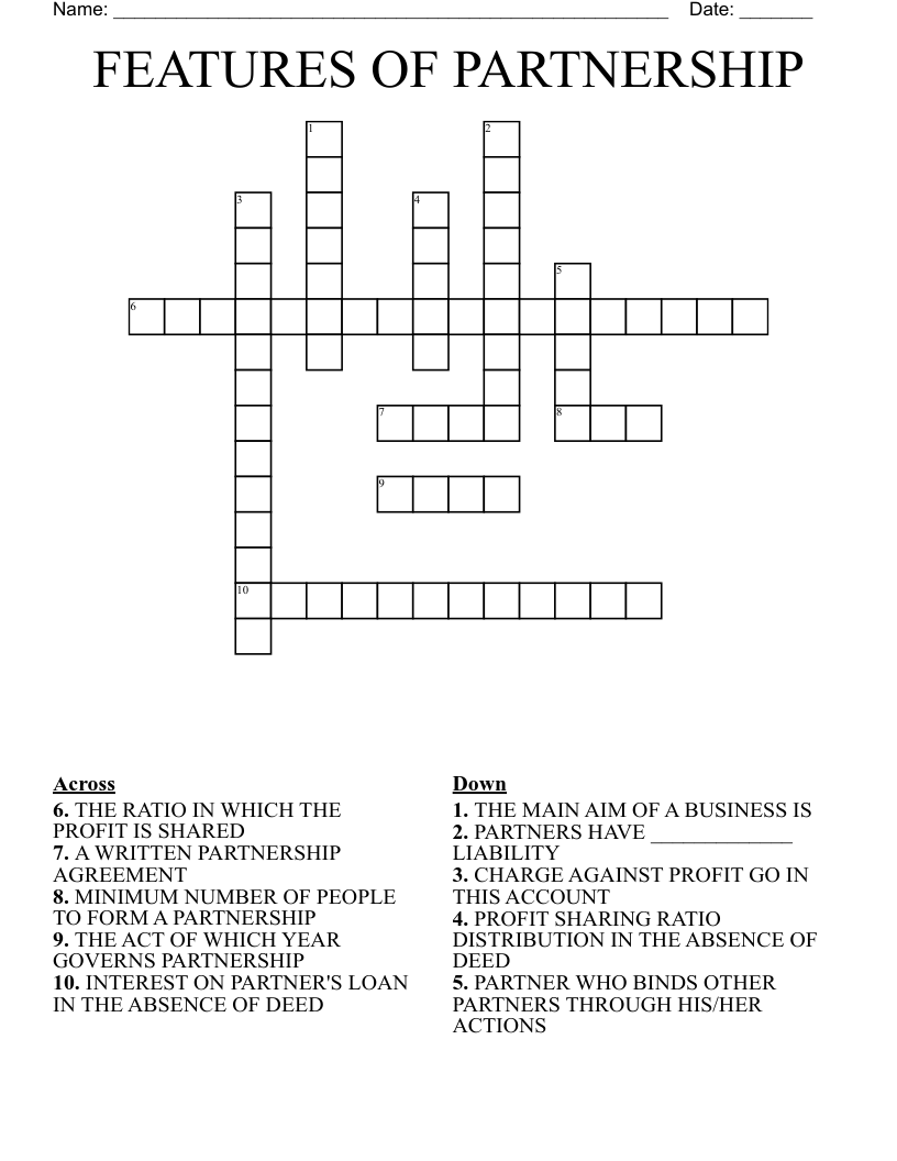 FEATURES OF PARTNERSHIP Crossword