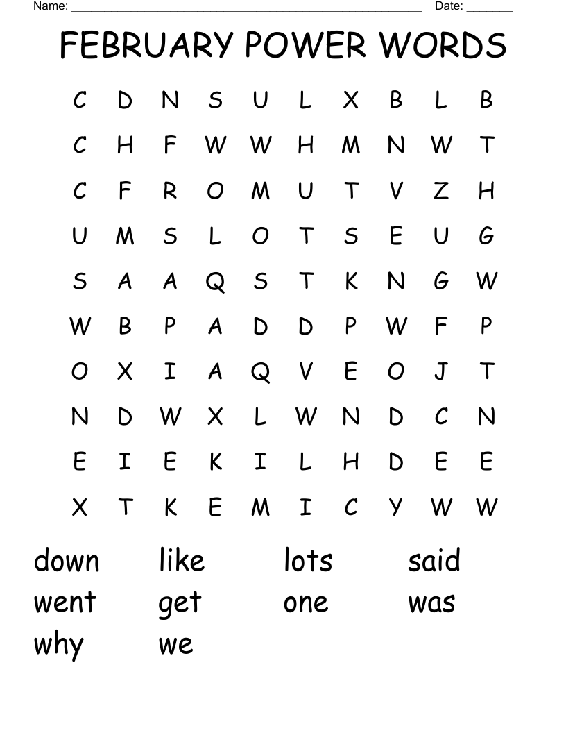 FEBRUARY POWER WORDS Word Search