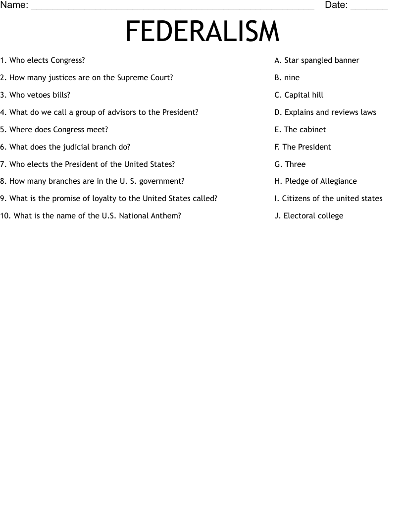 FEDERALISM Worksheet