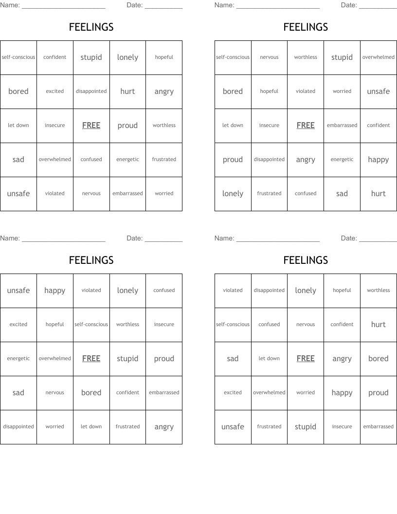 FEELINGS Bingo Cards