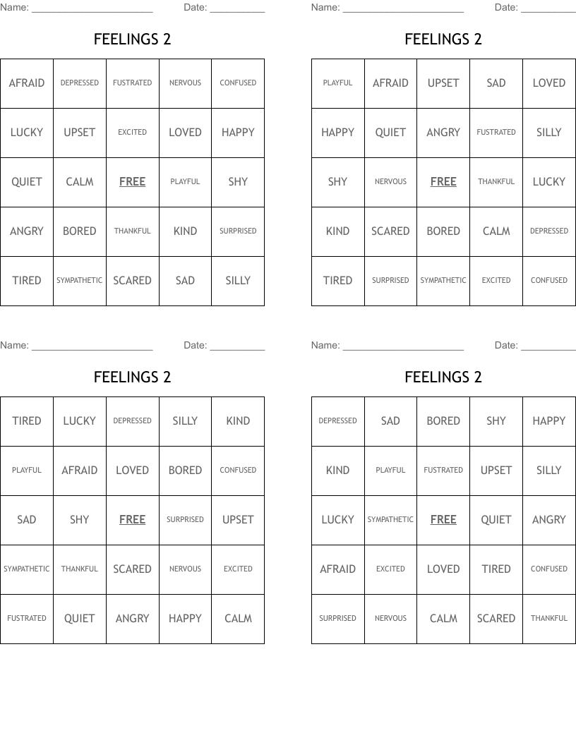 FEELINGS 2 Bingo Cards