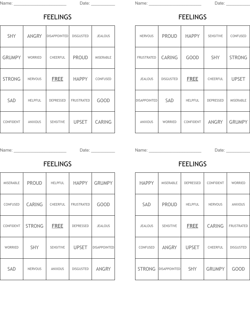 FEELINGS Bingo Cards