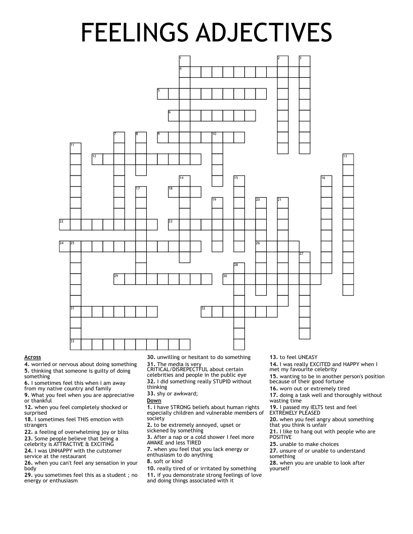 FEELINGS ADJECTIVES Crossword